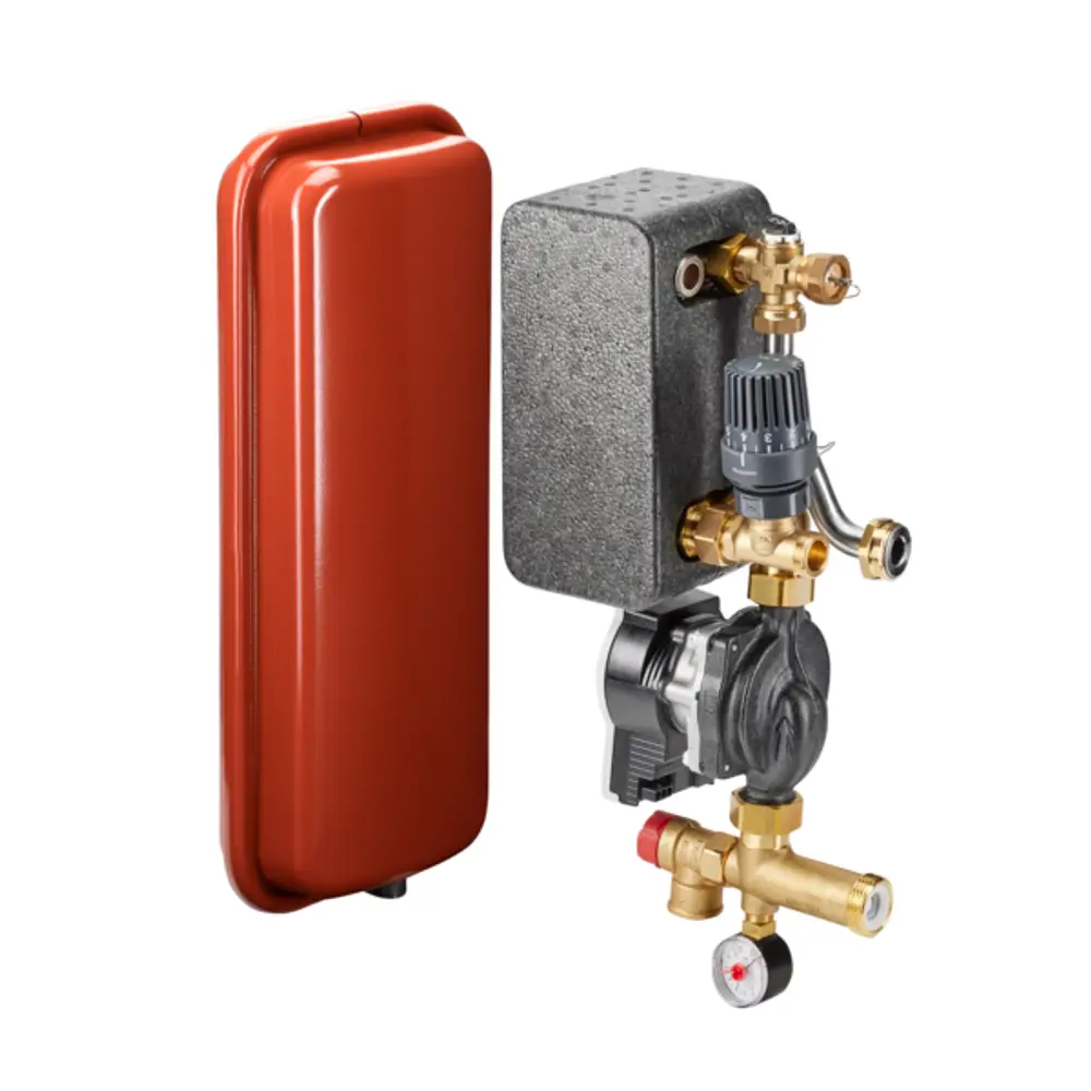 Heizkreistrennmodul von Oventrop mit mehreren Anschlussmöglichkeiten, integriertem Druckregler und manuellem Absperrventil, vor roter, glatter Hintergrundfläche.